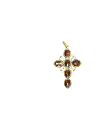 Pendentif or jaune 750 croix avec 6 grenats pas cher 