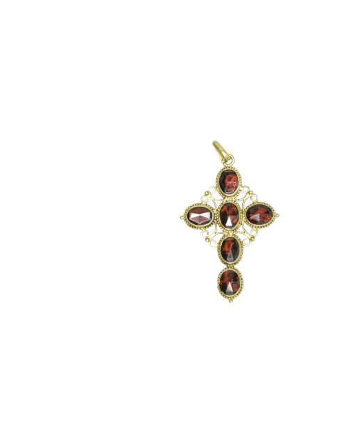 Pendentif or jaune 750 croix avec 6 grenats pas cher 