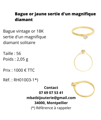 Bague or jaune 750 sertie d'un magnifique diamant rembourrage situé sous