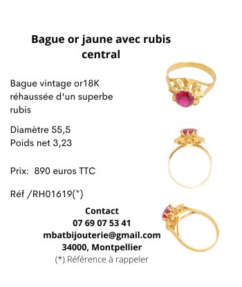 Bague or jaune avec rubis central brillant des détails fins