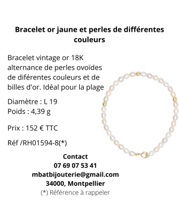 Bracelet or jaune et perles de différentes couleurs de technologie