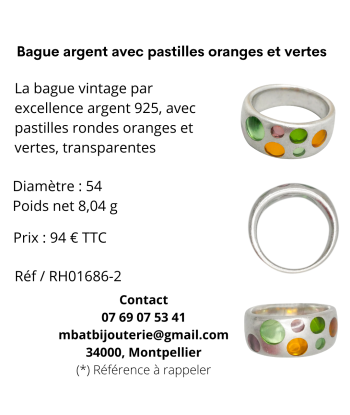 Bague argent avec pastilles oranges et vertes les ligaments