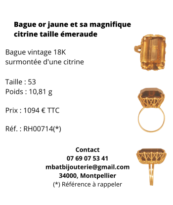 Bague or jaune et sa magnifique citrine taille émeraude france