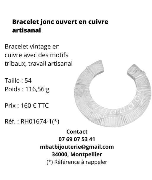 Bracelet jonc ouvert cuivre artisanal En savoir plus