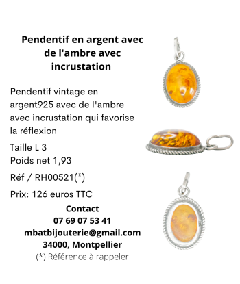 Pendentif en argent avec de l'ambre avec incrustation livraison et retour toujours gratuits