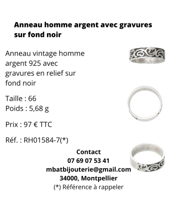 Anneau homme argent 925 avec gravures sur fond noir la chaussure