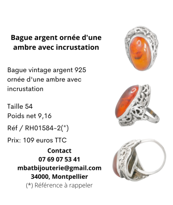 Bague argent 925 ornée d'une ambre avec incrustation plus qu'un jeu 