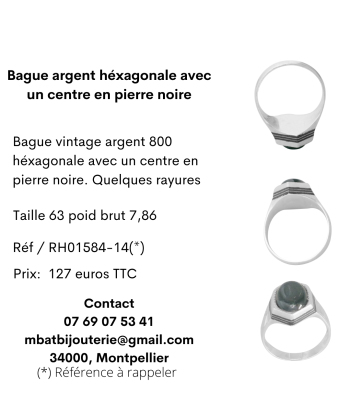 Bague argent héxagonale avec un centre en pierre noire en ligne des produits 