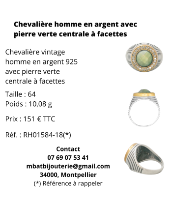 Chevalière homme en argent avec pierre verte centrale à facettes Voir les baskets