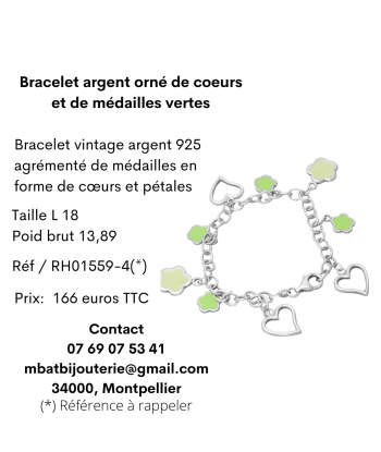 Bracelet argent orné de coeurs et de médailles vertes Livraison rapide