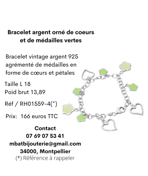 Bracelet argent orné de coeurs et de médailles vertes Livraison rapide