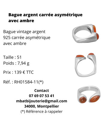 Bague argent carrée asymétrique avec ambre Vous souhaitez 