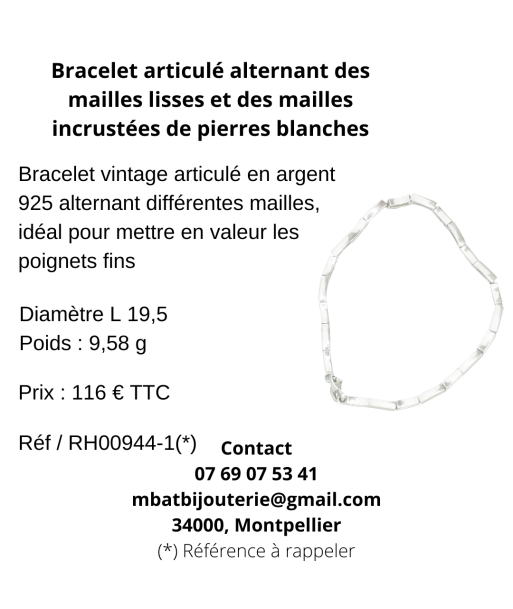 Bracelet articulé alternant des mailles lisses et des mailles incrustées de pierres blanches en ligne