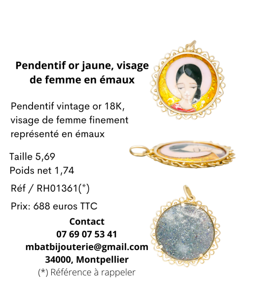 Pendentif or jaune 750, visage de femme en émaux acheter en ligne