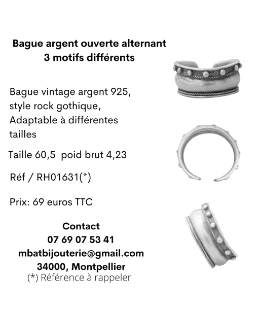 Bague argent ouverte alternant 3 motifs différents de France