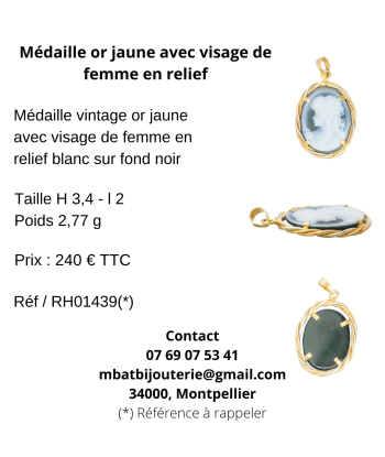 Médaille or jaune avec visage de femme en relief livraison gratuite