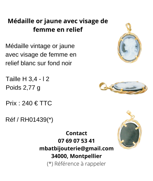 Médaille or jaune avec visage de femme en relief livraison gratuite