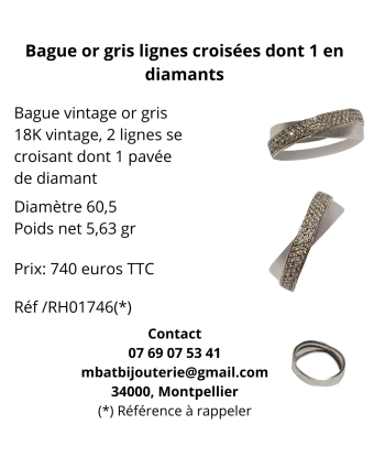 Bague or gris lignes croisées dont 1 pavé de diamants en linge