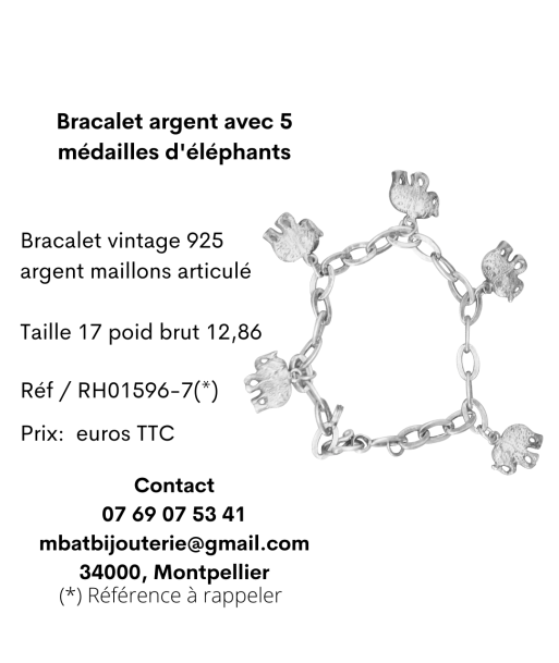 Bracelet argent avec 5 médailles d'éléphants 2023