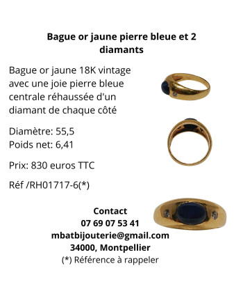 Bague or jaune pierre bleue et 2 diamants En savoir plus