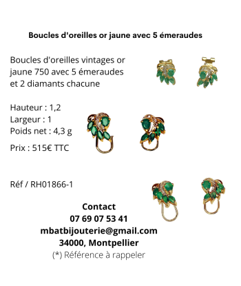 Boucles d'oreille or jaune avec 5 émeraudes ou a consommer sur place