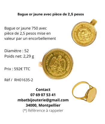 Bague or jaune avec pièce de 2,5 pesos pas chere