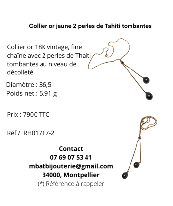 Collier or jaune 2 perles de Tahiti tombantes Par le système avancé 