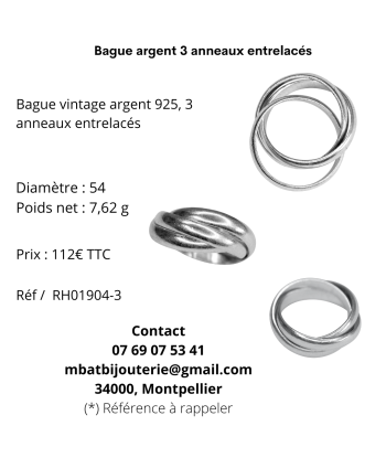 Bague argent 3 anneaux entrelacés en linge