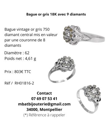 Bague or gris 18K avec 9 diamants livraison et retour toujours gratuits