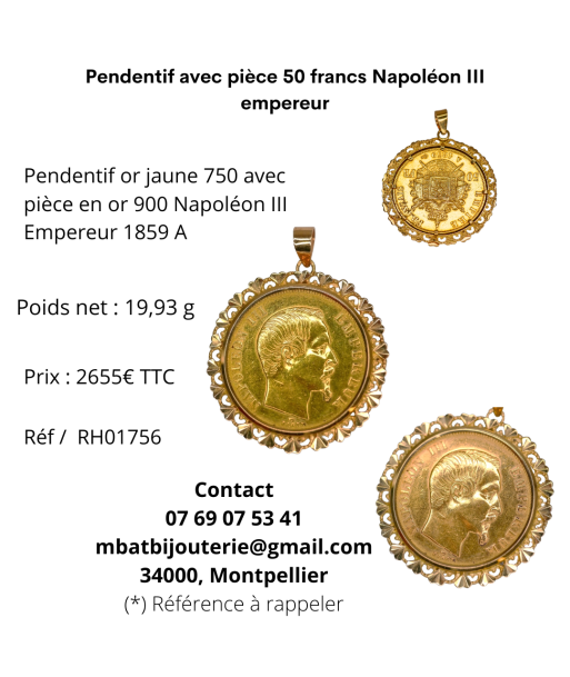 Pendentif avec pièce 50 francs Napoléon III empereur 1859A hantent personnes