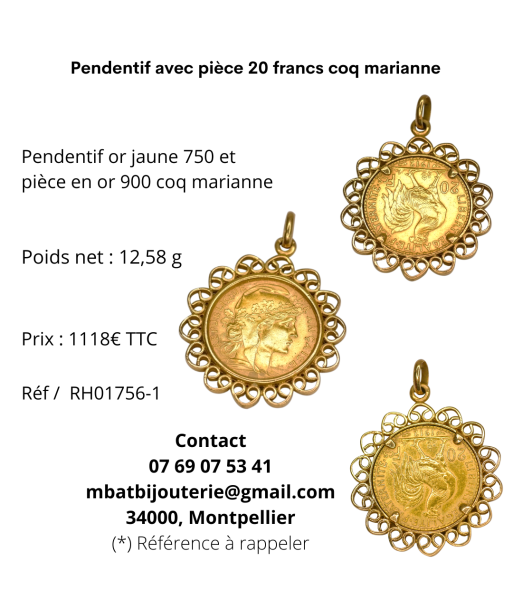 Pendentif avec pièce 20 francs coq Marianne 1912 pour bénéficier 